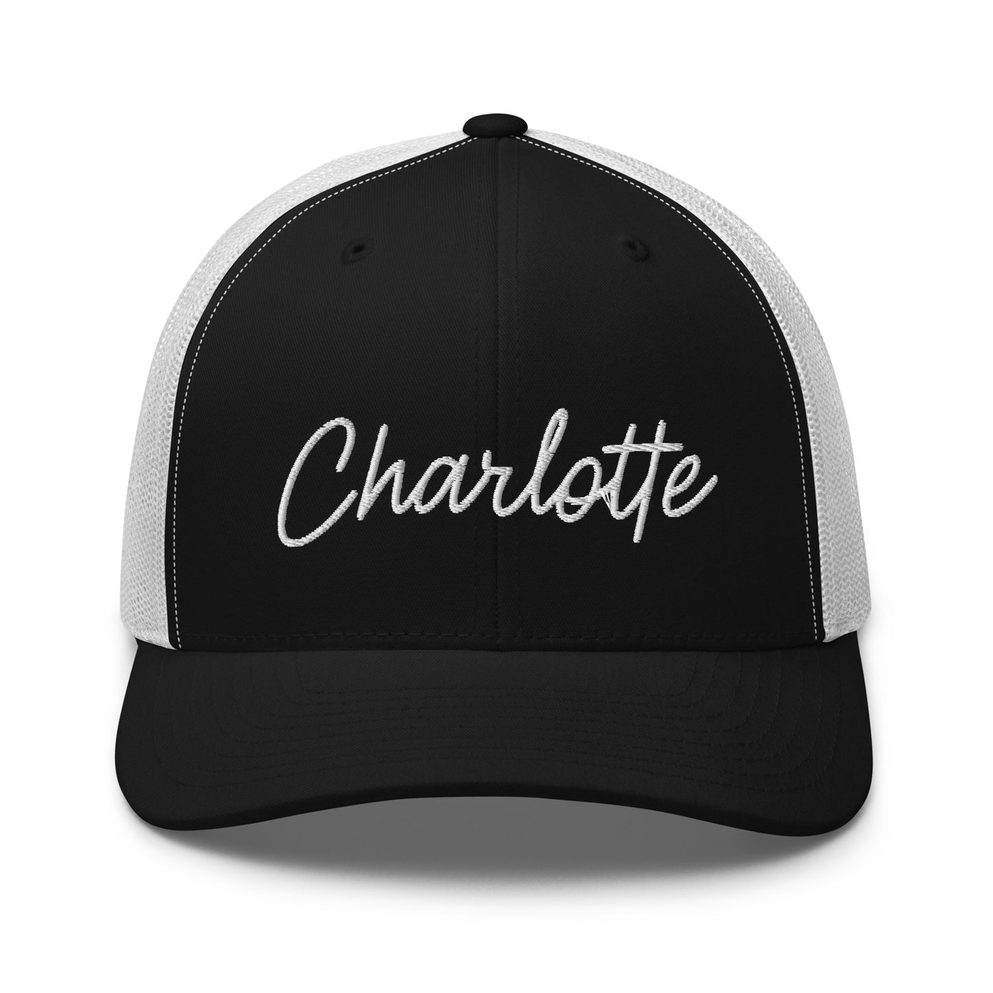 Charlotte Retro Script Mid 6 Panel Snapback Trucker Hat