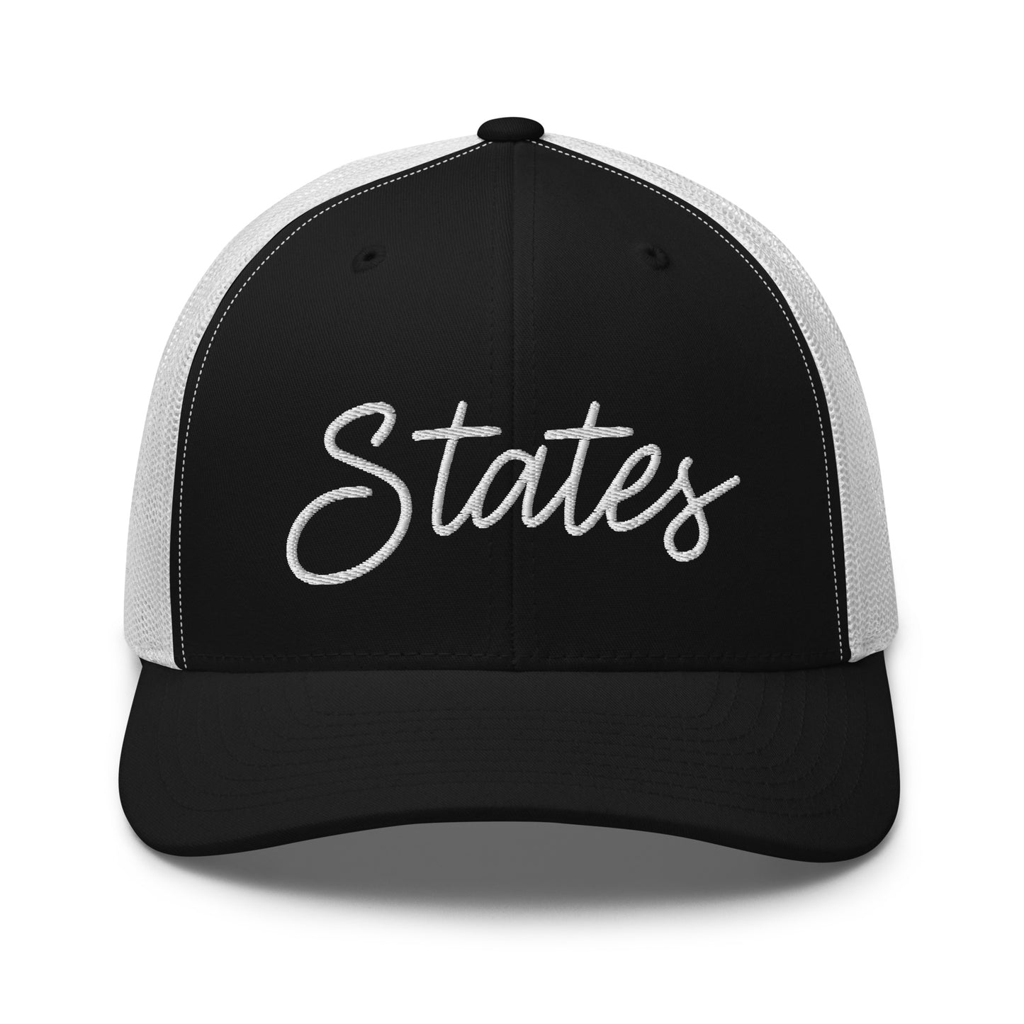 United States USA "States" Retro Script Mid 6 Panel Snapback Trucker Hat