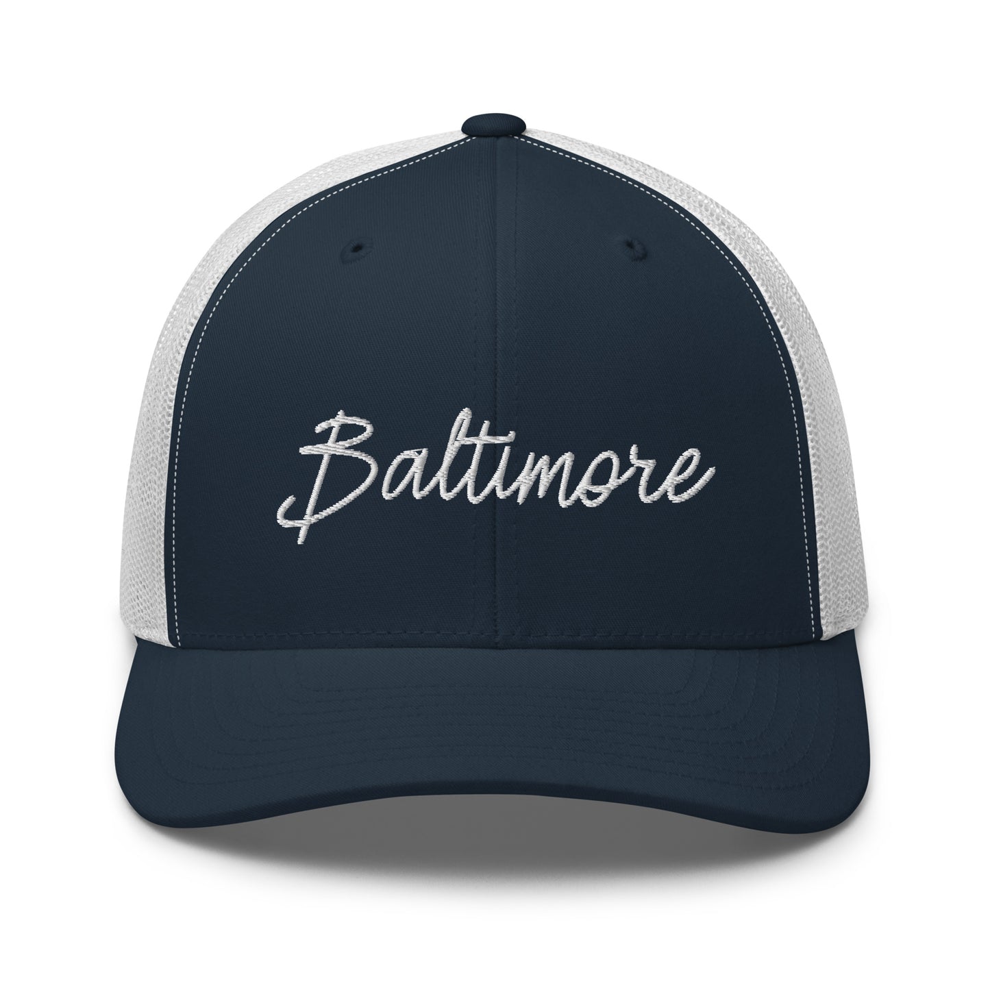 Baltimore Retro Script Mid 6 Panel Snapback Trucker Hat
