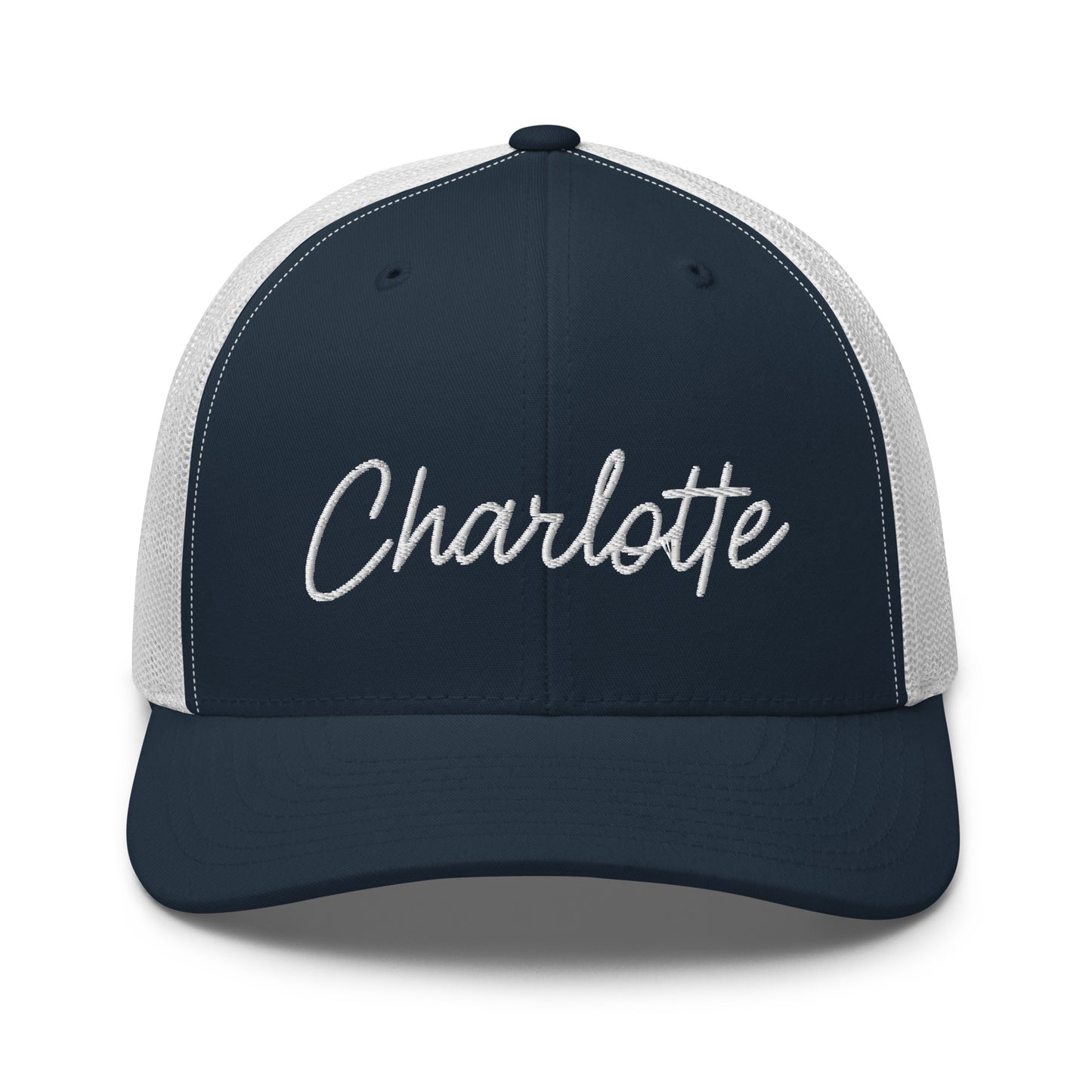 Charlotte Retro Script Mid 6 Panel Snapback Trucker Hat