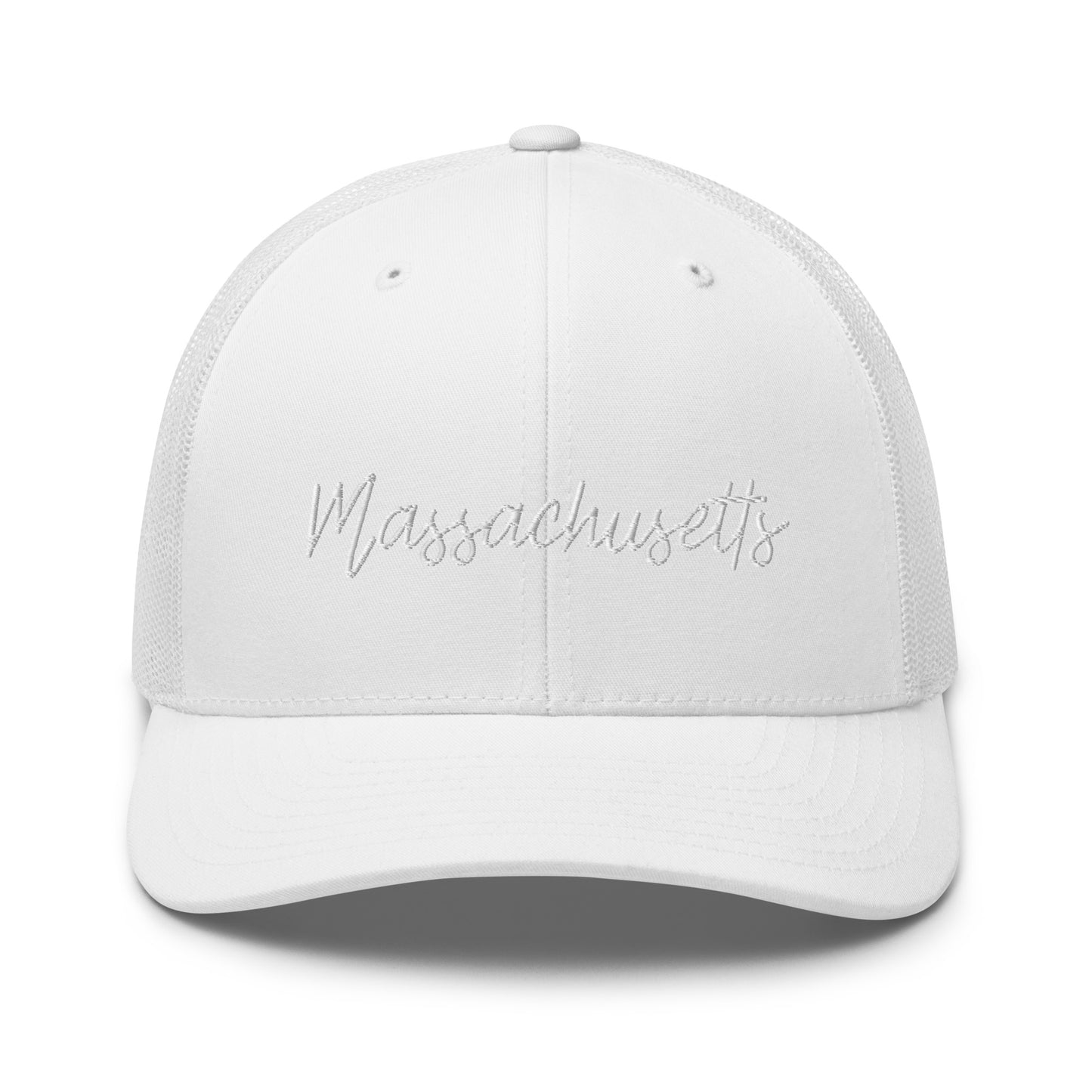 Massachusetts Retro Script Mid 6 Panel Snapback Trucker Hat