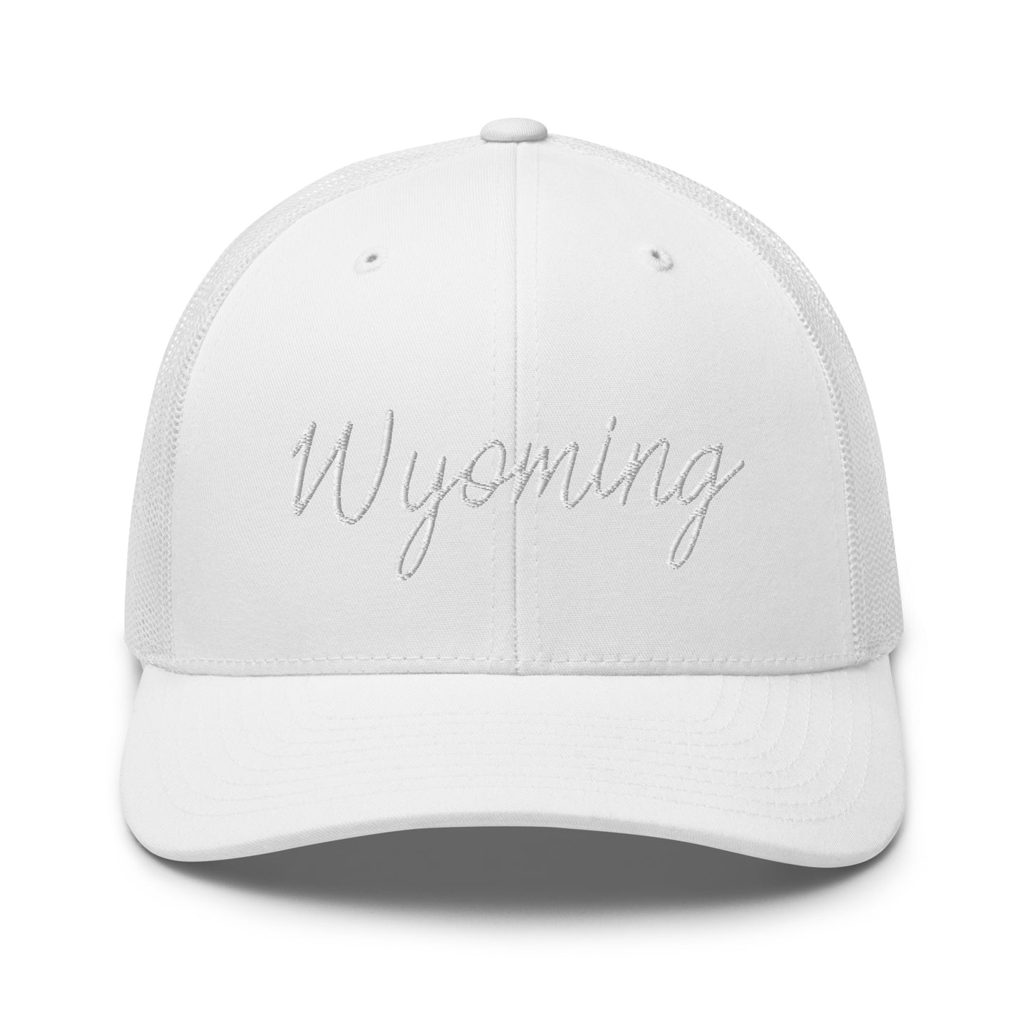 Wyoming Retro Script Mid 6 Panel Snapback Trucker Hat