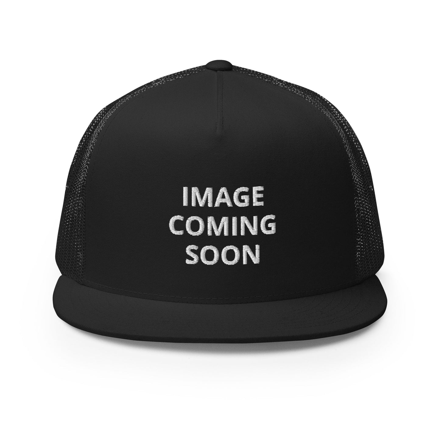 Black High 5 Panel Trucker hat with White New Hampshire Arch embroidery