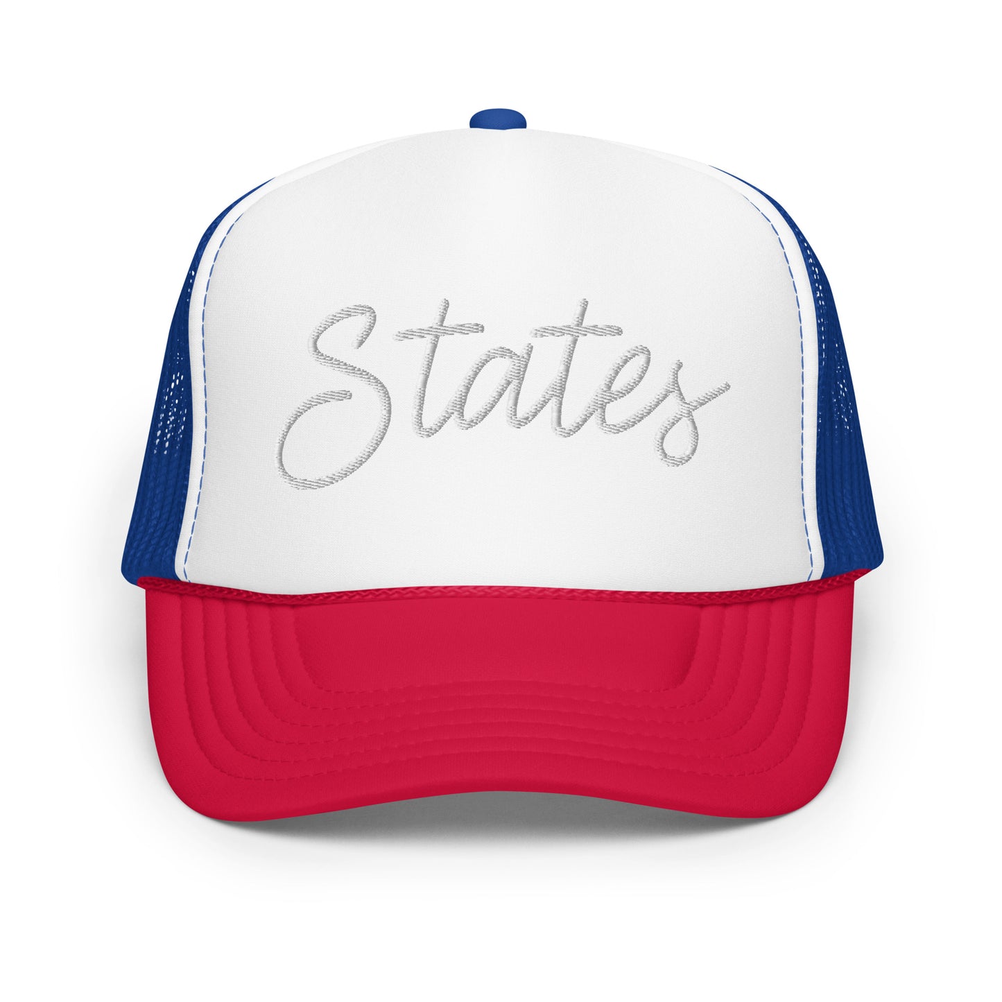 United States USA "States" Retro Script Foam 5 Panel A-Frame Snapback Trucker Hat