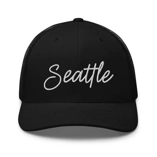 Seattle Retro Script Mid 6 Panel Snapback Trucker Hat