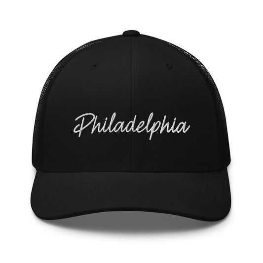 Philadelphia Retro Script Mid 6 Panel Snapback Trucker Hat