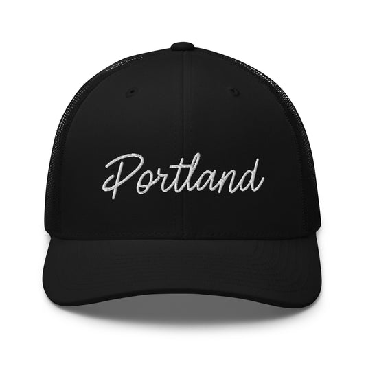 Portland Retro Script Mid 6 Panel Snapback Trucker Hat