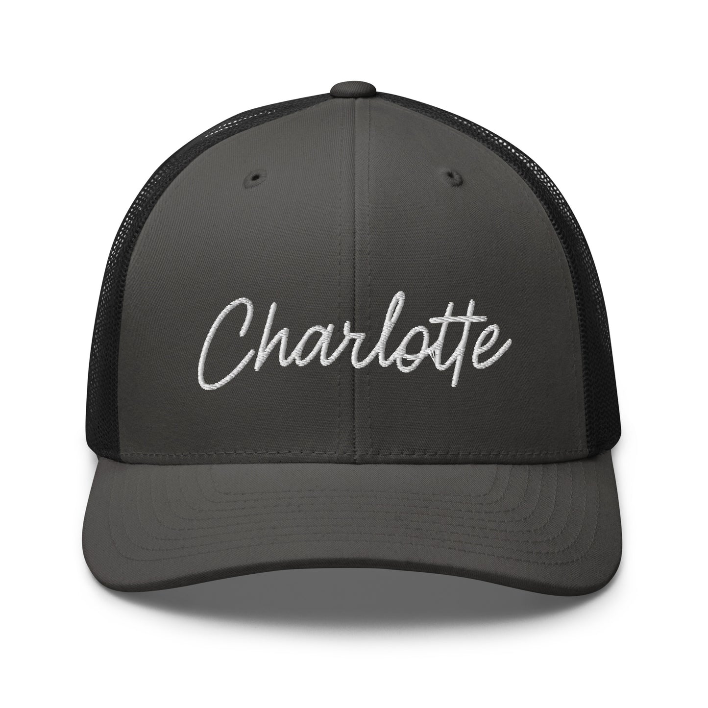Charlotte Retro Script Mid 6 Panel Snapback Trucker Hat
