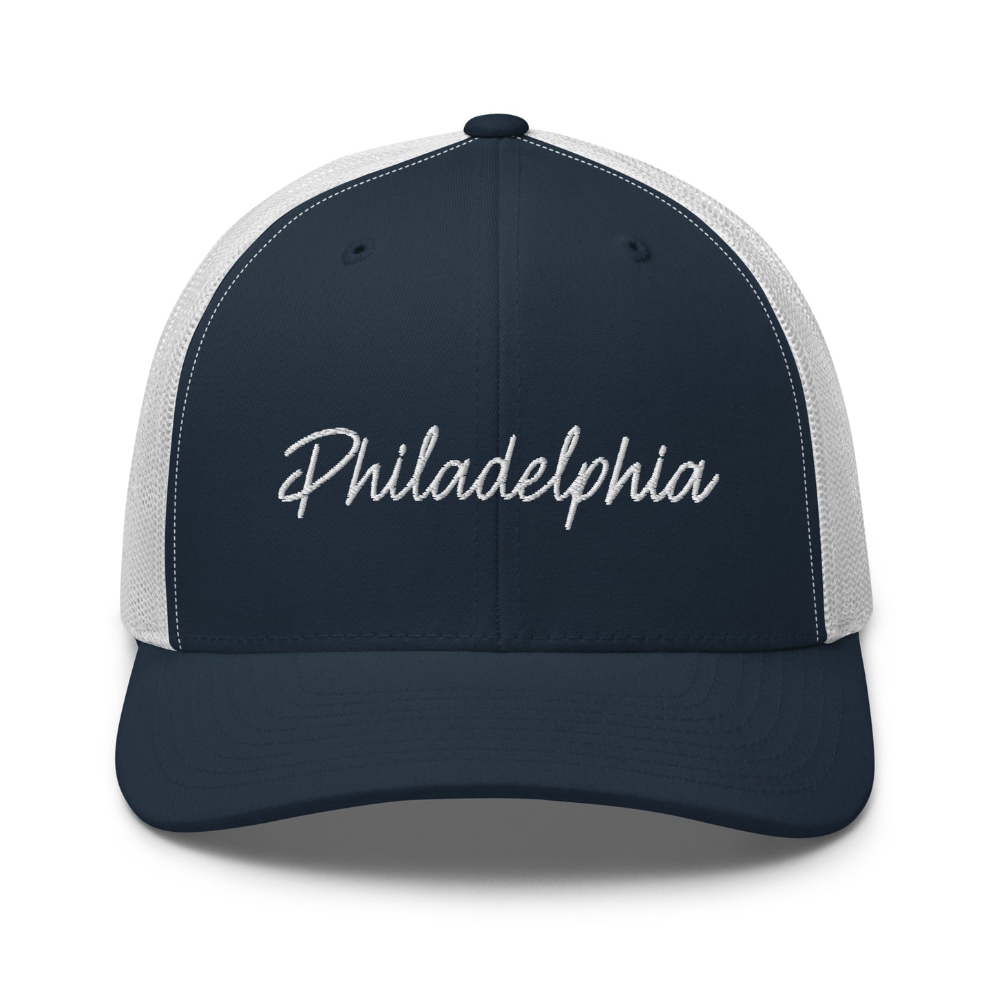 Philadelphia Retro Script Mid 6 Panel Snapback Trucker Hat